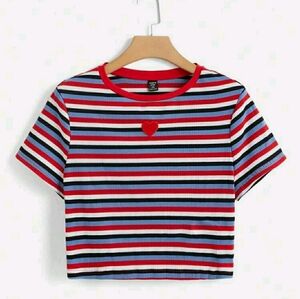 SHEIN Qutie Plus Striped Print Heart Patched Crop Tee